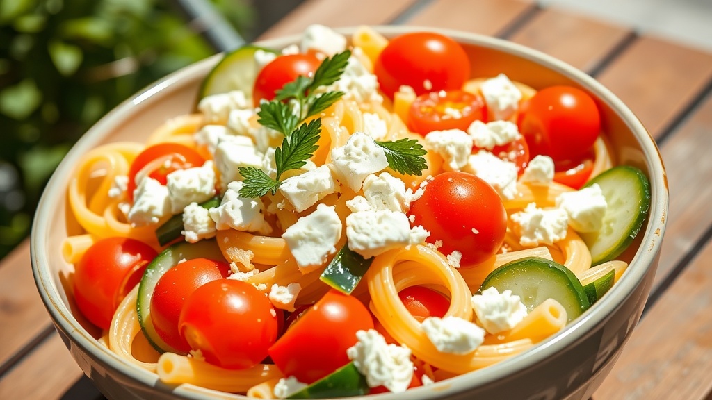 Refreshing Greek Pasta Salad Recipe A vibrant Greek Pasta Salad with tomatoes, cucumbers, olives, and feta cheese in a bowl, set against a sunny background.